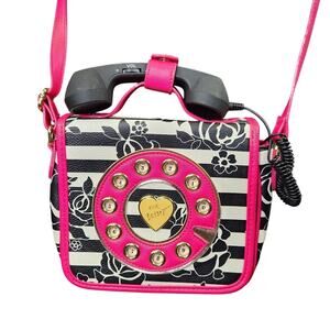 XOX Betsey Johnson Rotary Phone Purse Stripes Roses Black White Pink